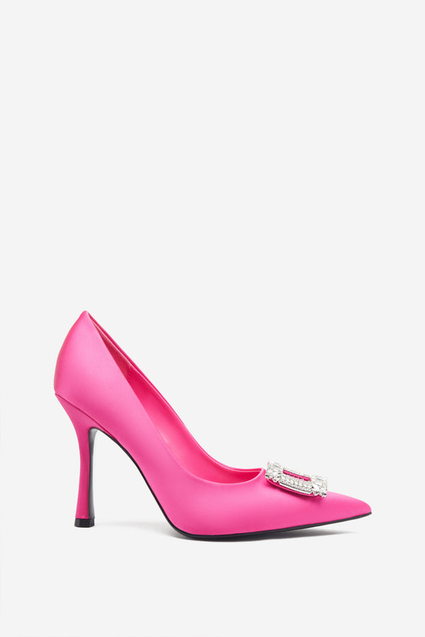 club l Lawless Hot Pink Satin Pointed Court Heels With Diamante Brooches