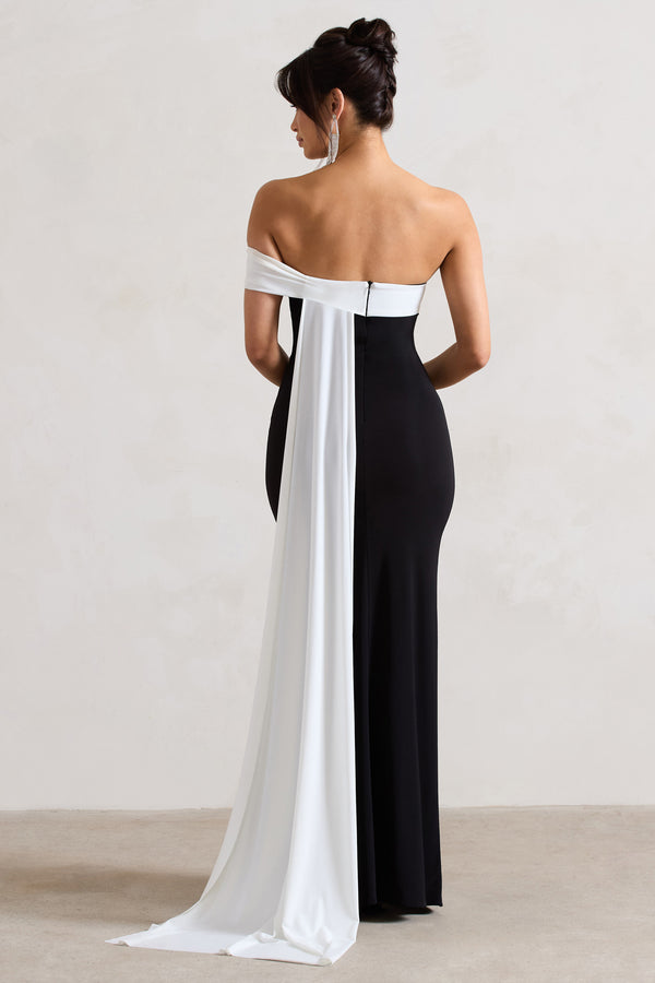 Club L Legacy Black & White Bardot Split Maxi Dress With Drape