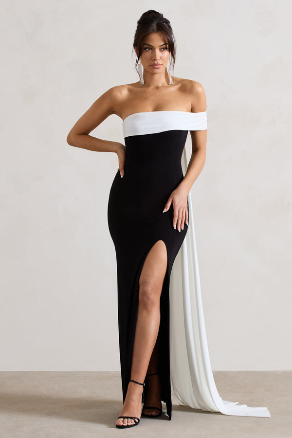 Club L Legacy Black & White Bardot Split Maxi Dress With Drape