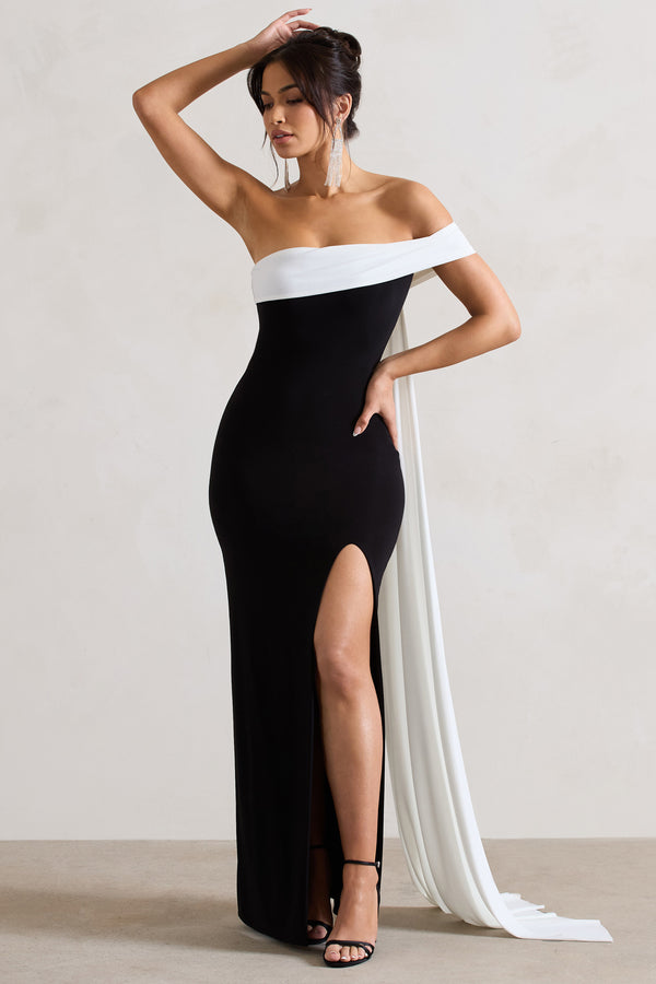 club l Legacy Black & White Bardot Split Maxi Dress With Drape