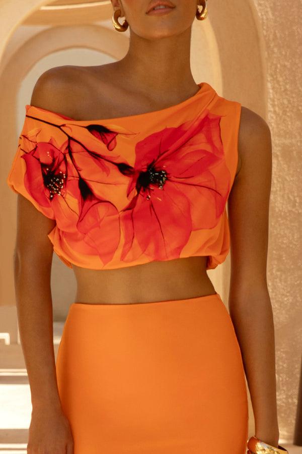 Club L Lia Orange And Red Placement Floral Print Asymmetric Crop-Top