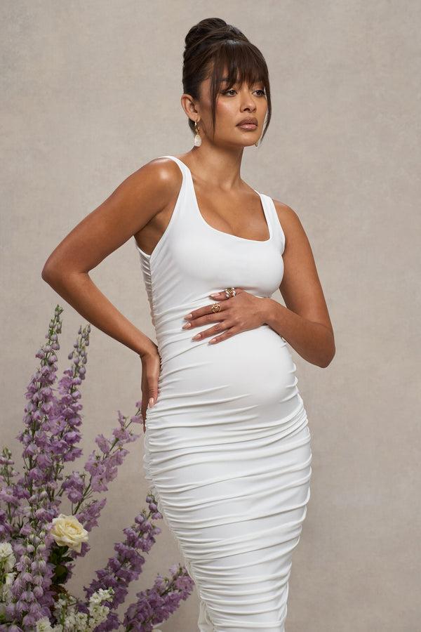 Club L Lisbon White Maternity Square Neck Ruched Midi Dress