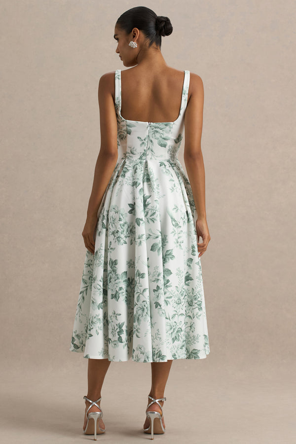 Club L Lissa Green Porcelain Print Square-Neck Midi Dress
