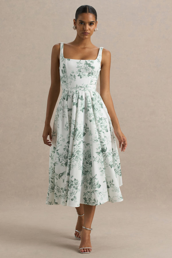 Club L Lissa Green Porcelain Print Square-Neck Midi Dress