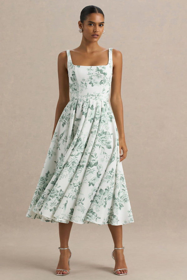 Club L Lissa Green Porcelain Print Square-Neck Midi Dress
