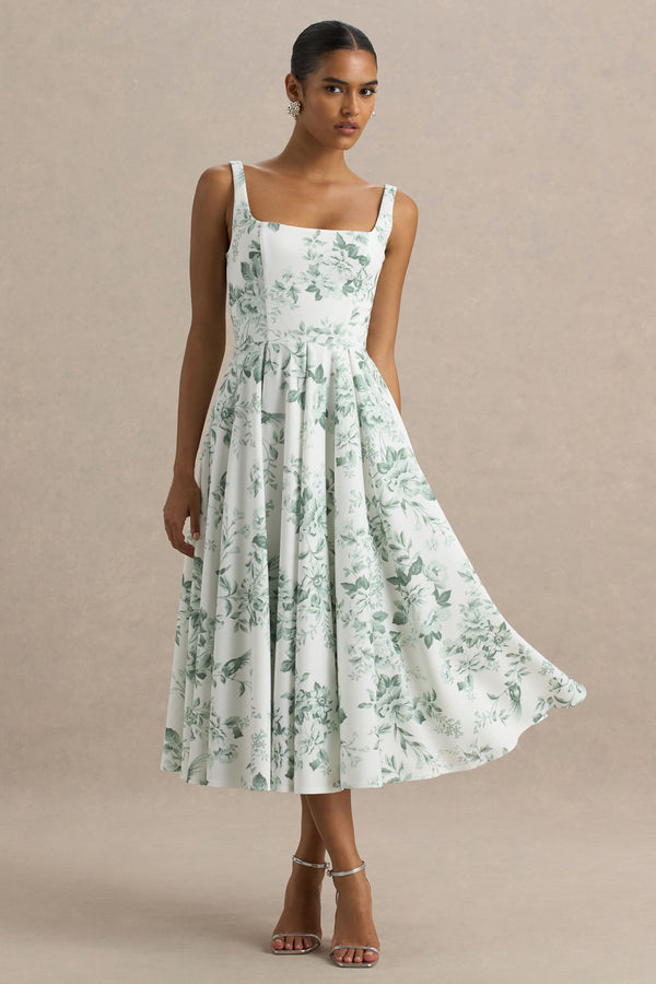 club l Lissa Green Porcelain Print Square-Neck Midi Dress