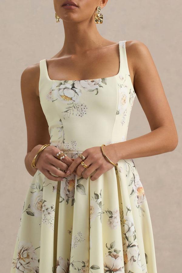 Club L Lissa Lemon Floral Bouquet Print Square-Neck Midi Dress