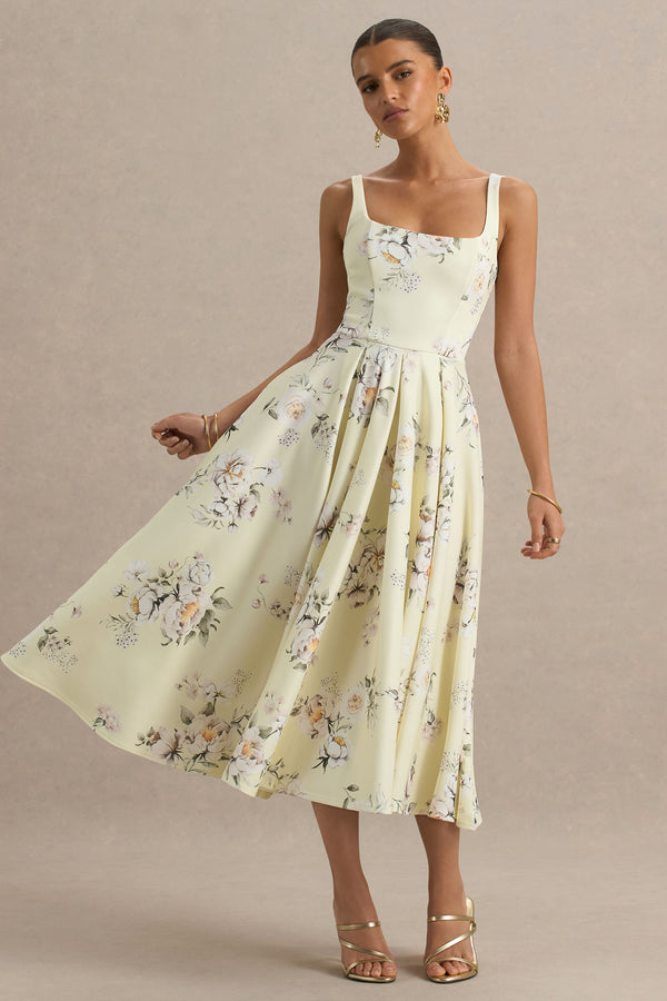 Club L Lissa Lemon Floral Bouquet Print Square-Neck Midi Dress