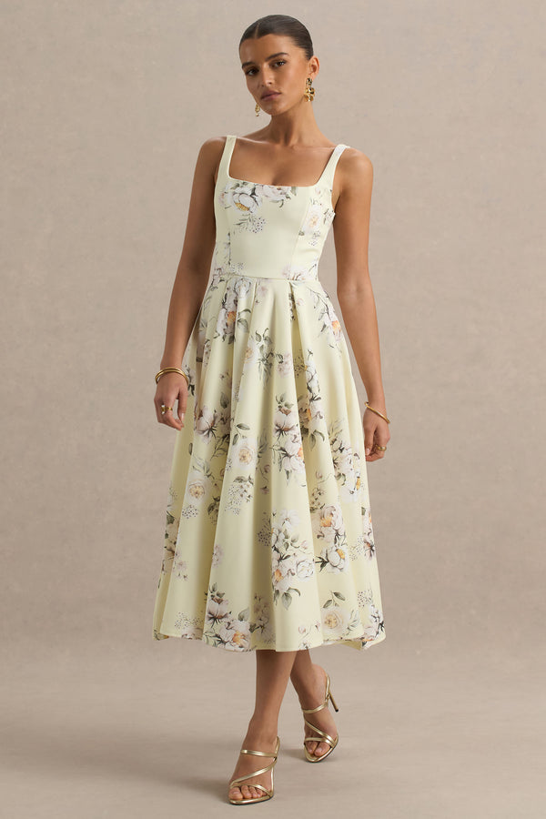 club l Lissa Lemon Floral Bouquet Print Square-Neck Midi Dress