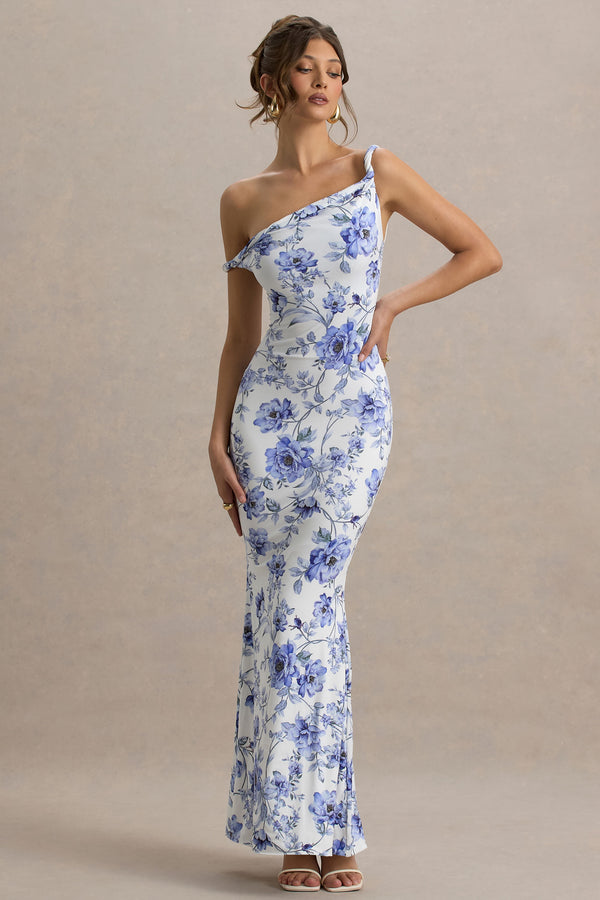 Club L Lita Blue Floral Twisted Asymmetric Maxi Dress