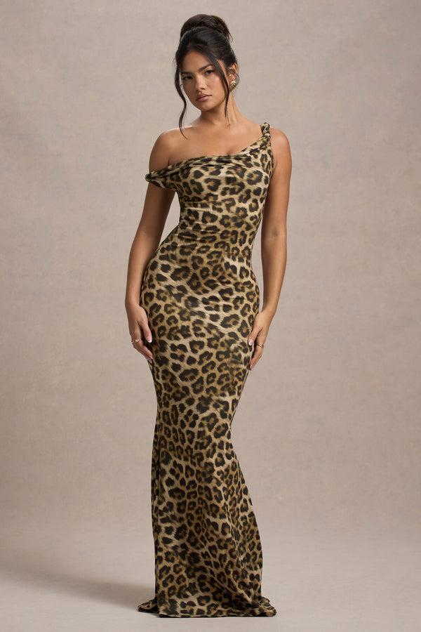 Club L Lita Leopard Print Twisted Asymmetric Maxi Dress
