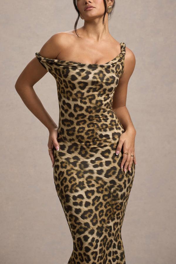 Club L Lita Leopard Print Twisted Asymmetric Maxi Dress