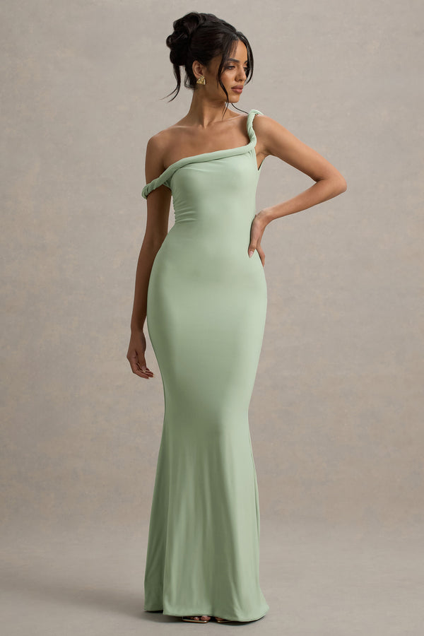 Club L Lita Light Green Twisted Asymmetric Maxi Dress