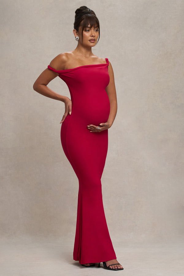 Club L Lita Red Twisted Asymmetric Maternity Maxi Dress