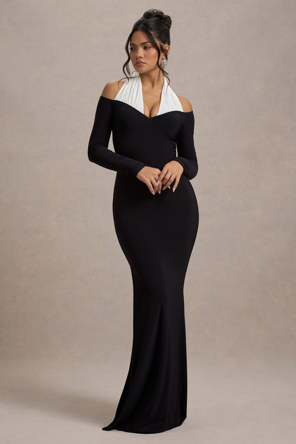 club l Living High Black & White Halter-Neck Split Maxi Dress
