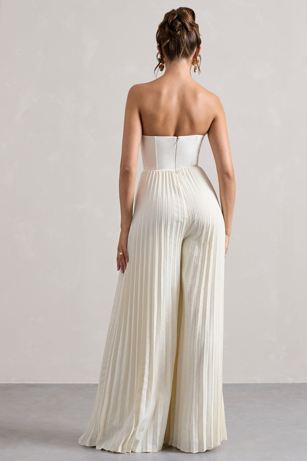 Club L Lorelai Cream Corset Plisse Wide-Leg Jumpsuit
