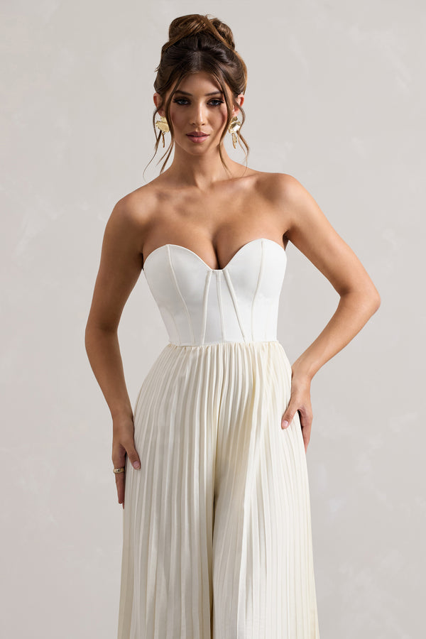 Club L Lorelai Cream Corset Plisse Wide-Leg Jumpsuit