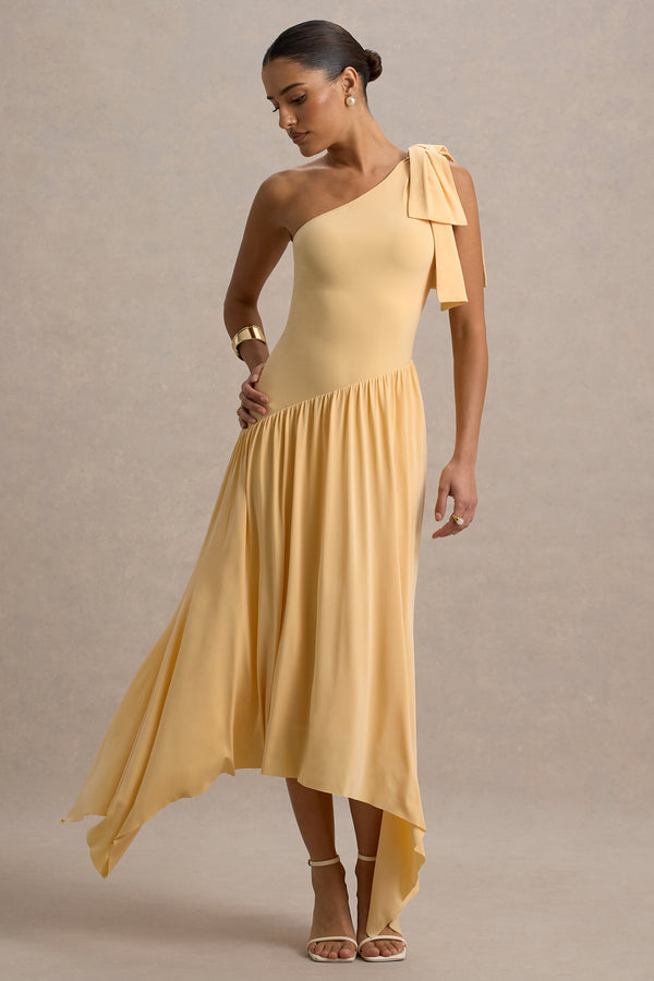 Club L Lotus Love Orange One-Shoulder Hanky-Hem Maxi Dress With Bow