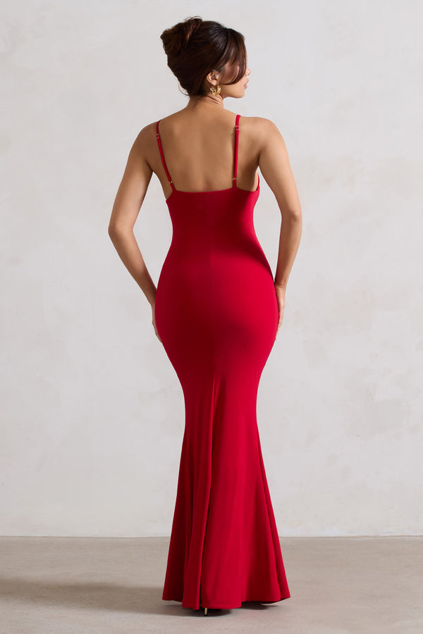 Club L Love Shy Red Plunge Neck Maxi Dress With Split Detail
