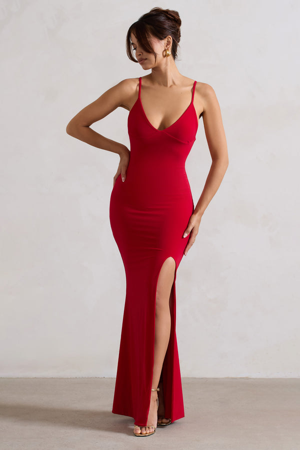 Club L Love Shy Red Plunge Neck Maxi Dress With Split Detail
