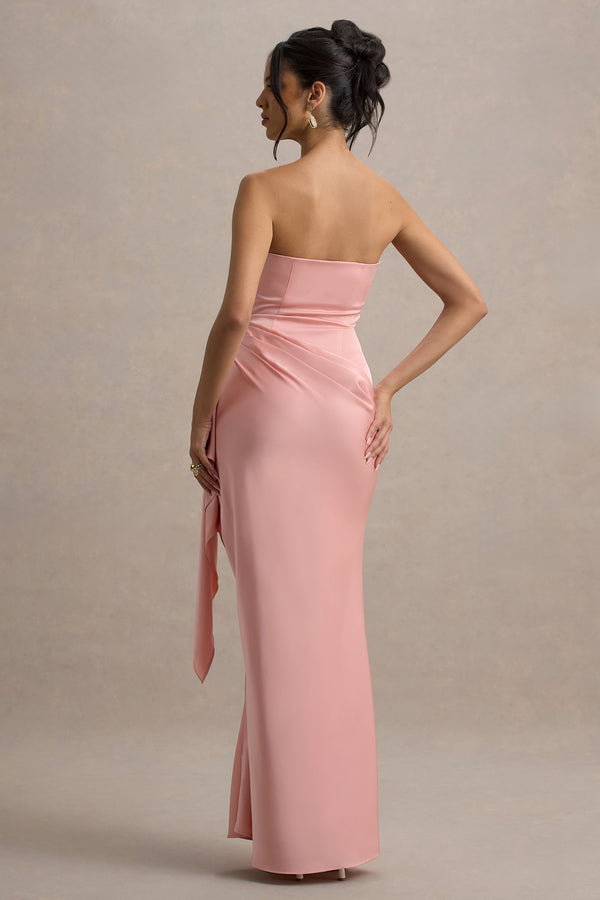 Club L Loz Light Pink Satin Bandeau Draped Maxi Dress