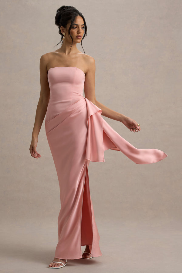 Club L Loz Light Pink Satin Bandeau Draped Maxi Dress