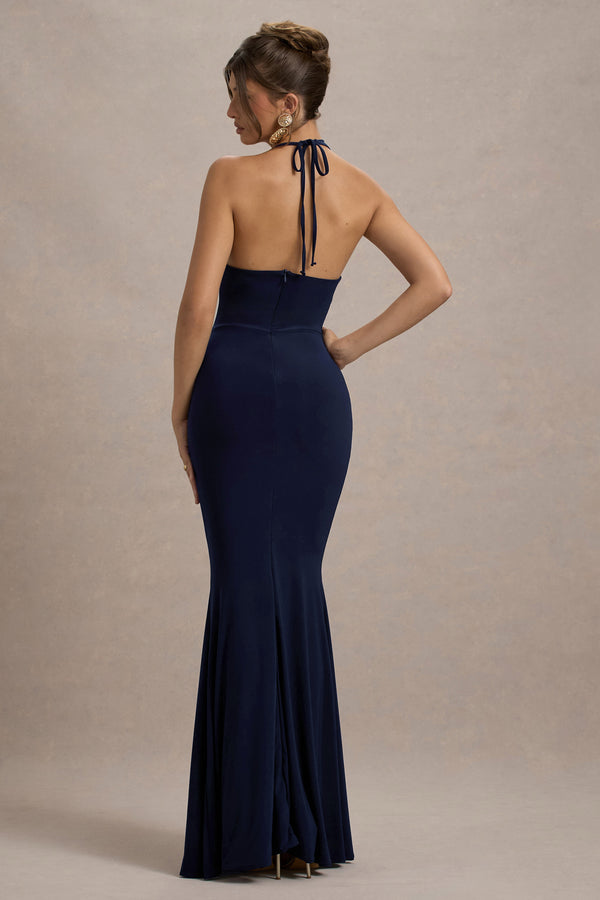 Club L Lucena Navy Cowl-Neck Wrap Maxi Dress With Floral Drape