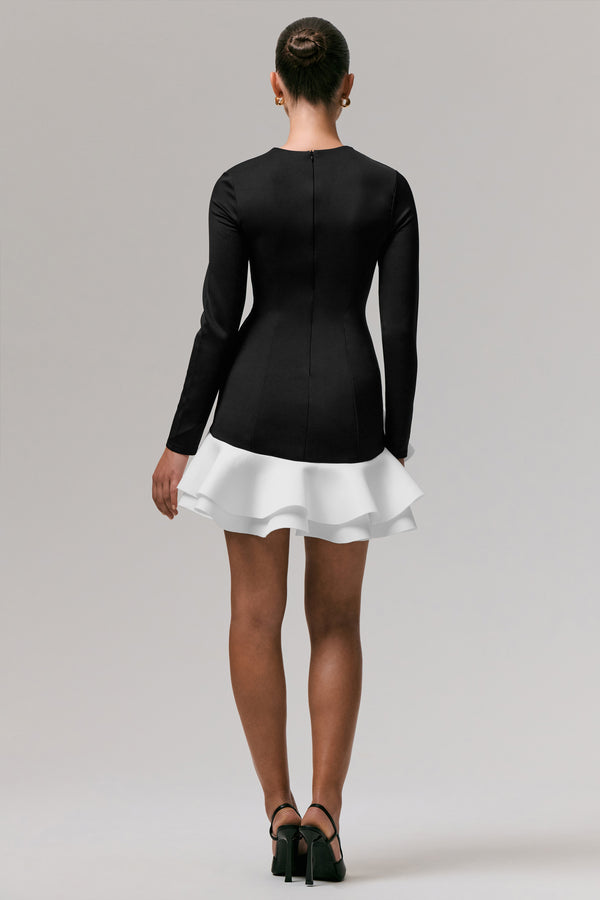 Club L Lucinda Black & White Long-Sleeve Mini Dress With Ruffle Hem