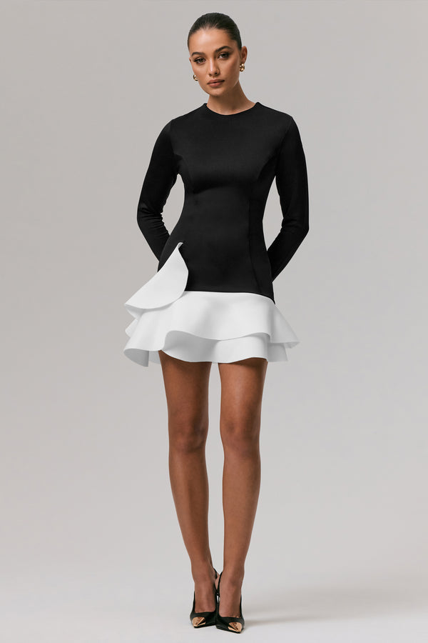 Club L Lucinda Black & White Long-Sleeve Mini Dress With Ruffle Hem