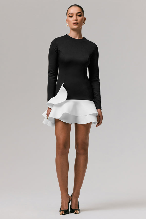 Club L Lucinda Black & White Long-Sleeve Mini Dress With Ruffle Hem