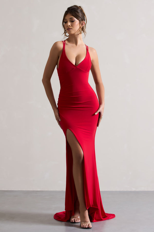 Club L Lucky Day Red Cross Over Back Fishtail Maxi Dress