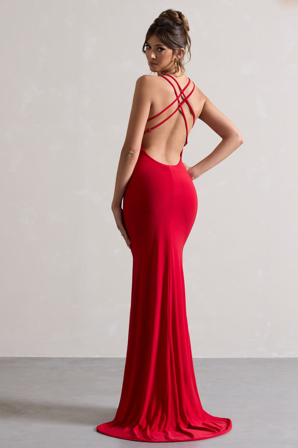 club l Lucky Day Red Cross Over Back Fishtail Maxi Dress