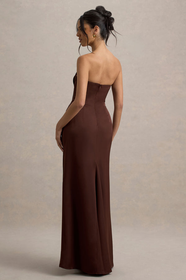 Club L Mackenzie Brown Satin Plunge-Neck Draped Maxi Dress