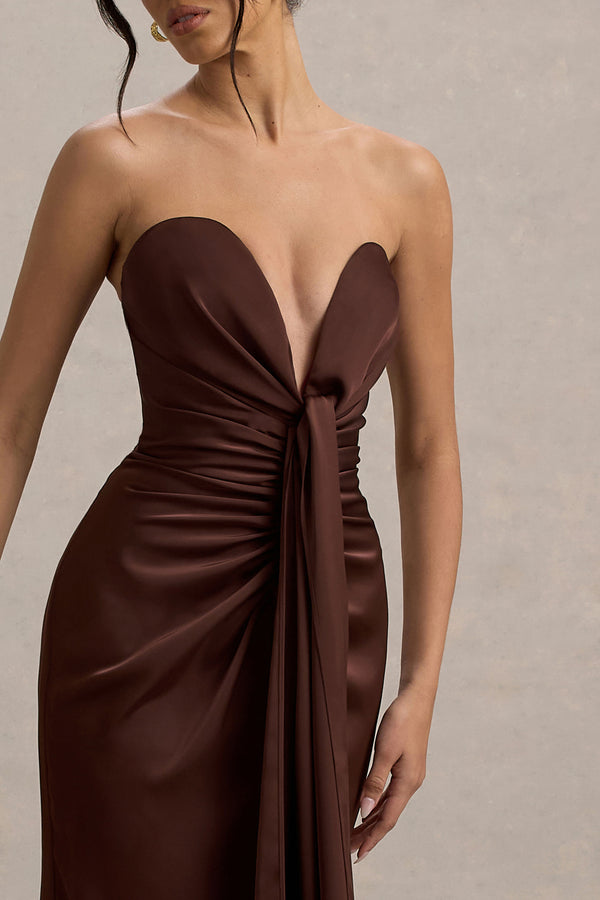 Club L Mackenzie Brown Satin Plunge-Neck Draped Maxi Dress