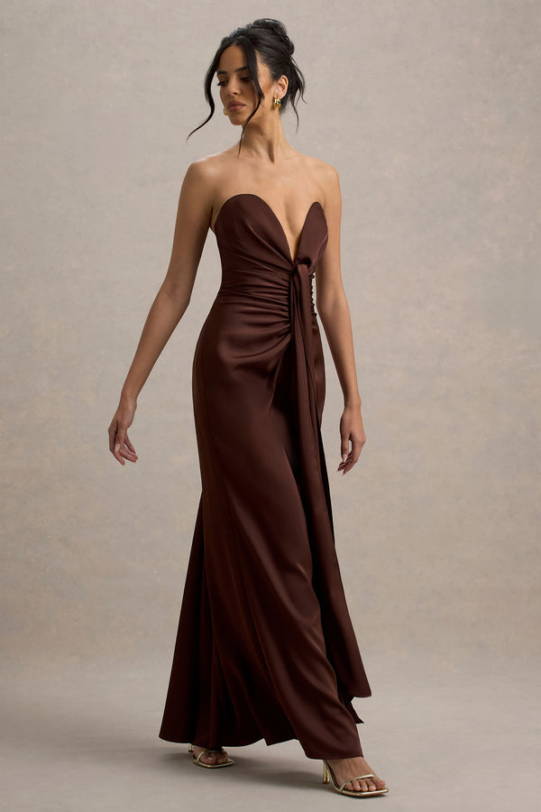 Club L Mackenzie Brown Satin Plunge-Neck Draped Maxi Dress