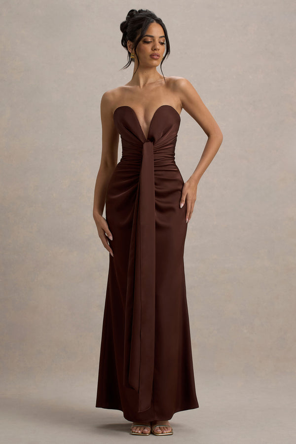 club l Mackenzie Brown Satin Plunge-Neck Draped Maxi Dress