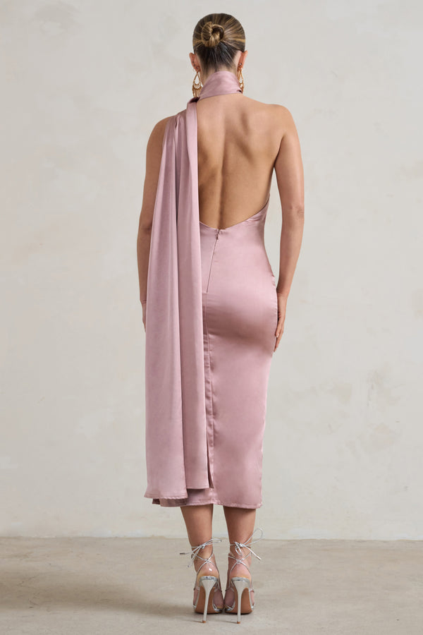Club L Madame Blush Pink Satin Asymmetric Scarf Neck Backless Midi Dress