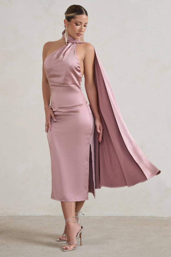 Club L Madame Blush Pink Satin Asymmetric Scarf Neck Backless Midi Dress