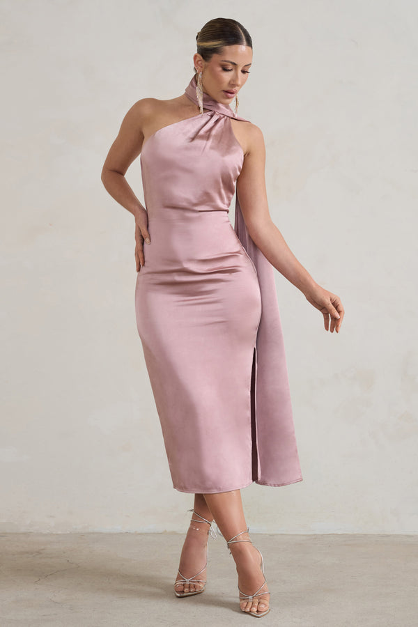 club l Madame Blush Pink Satin Asymmetric Scarf Neck Backless Midi Dress