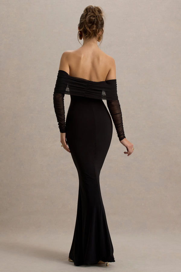 Club L Madeleine Black Fishtail Maxi Dress With Bardot Mesh Long Sleeves