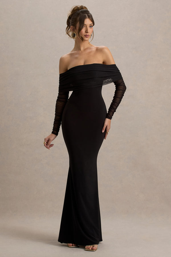 club l Madeleine Black Fishtail Maxi Dress With Bardot Mesh Long Sleeves