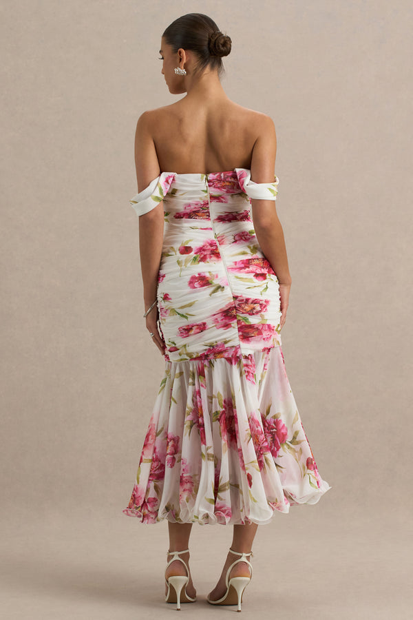 Club L Madelyn Cream Floral Print Short-Sleeve Bardot Wrap Maxi Dress With Ruching
