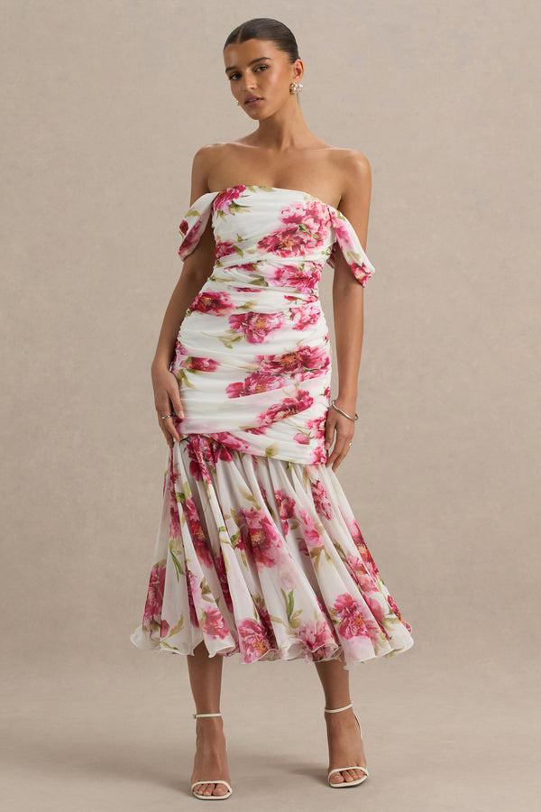 Club L Madelyn Cream Floral Print Short-Sleeve Bardot Wrap Maxi Dress With Ruching