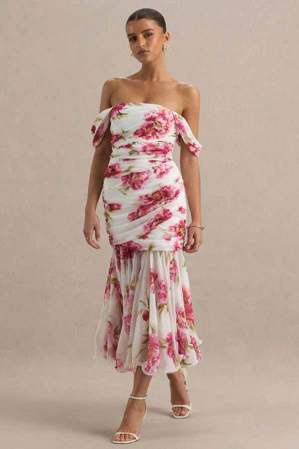 Club L Madelyn Cream Floral Print Short-Sleeve Bardot Wrap Maxi Dress With Ruching
