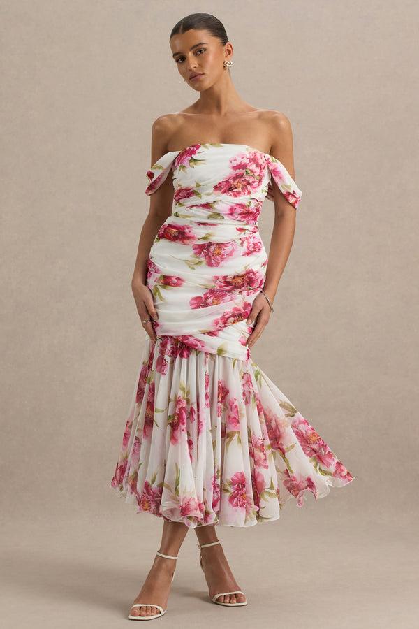 club l Madelyn Cream Floral Print Short-Sleeve Bardot Wrap Maxi Dress With Ruching