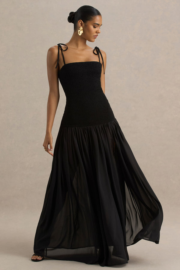 Club L Maeva Black Square-Neck Fishtail Maxi Dress With Ruched Detailing