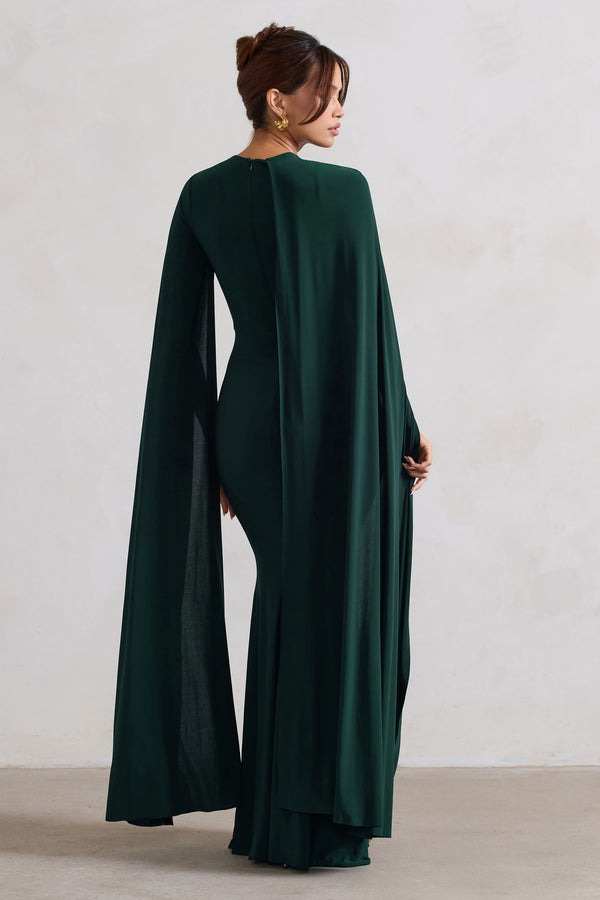 Club L Magdelena Bottle Green Asymmetric Cape Maxi Dress