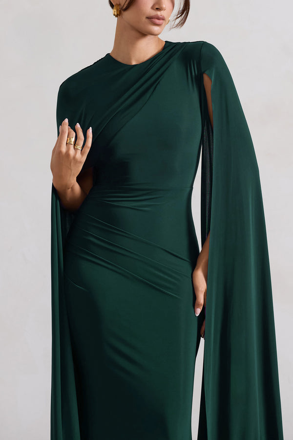 Club L Magdelena Bottle Green Asymmetric Cape Maxi Dress
