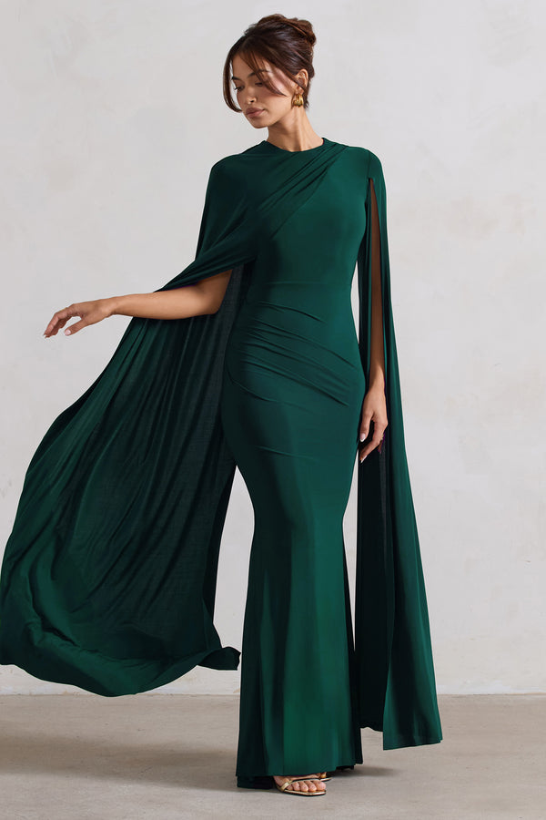 Club L Magdelena Bottle Green Asymmetric Cape Maxi Dress