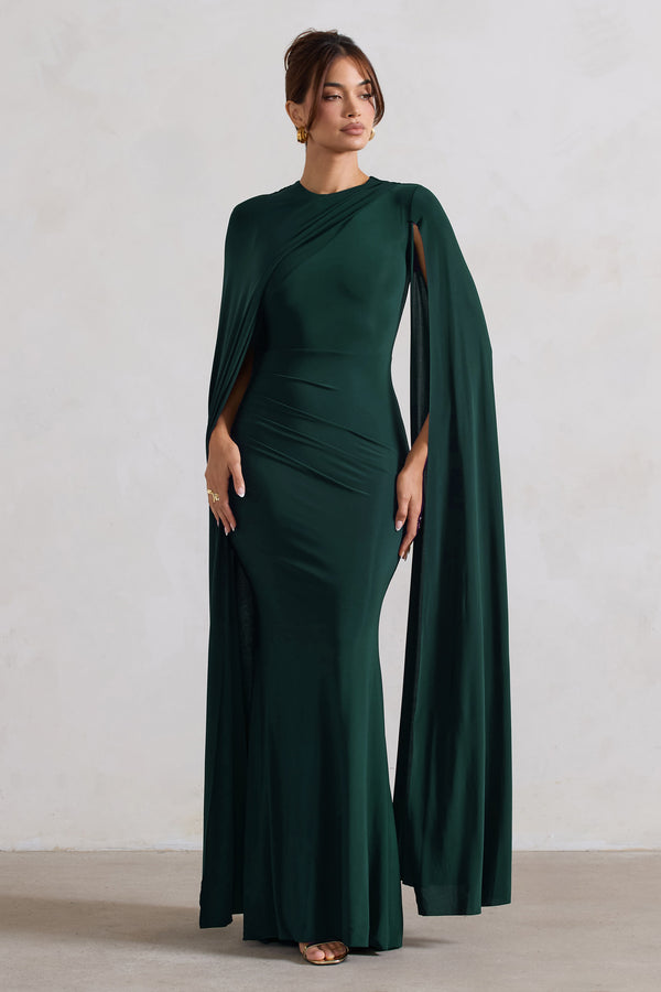 club l Magdelena Bottle Green Asymmetric Cape Maxi Dress